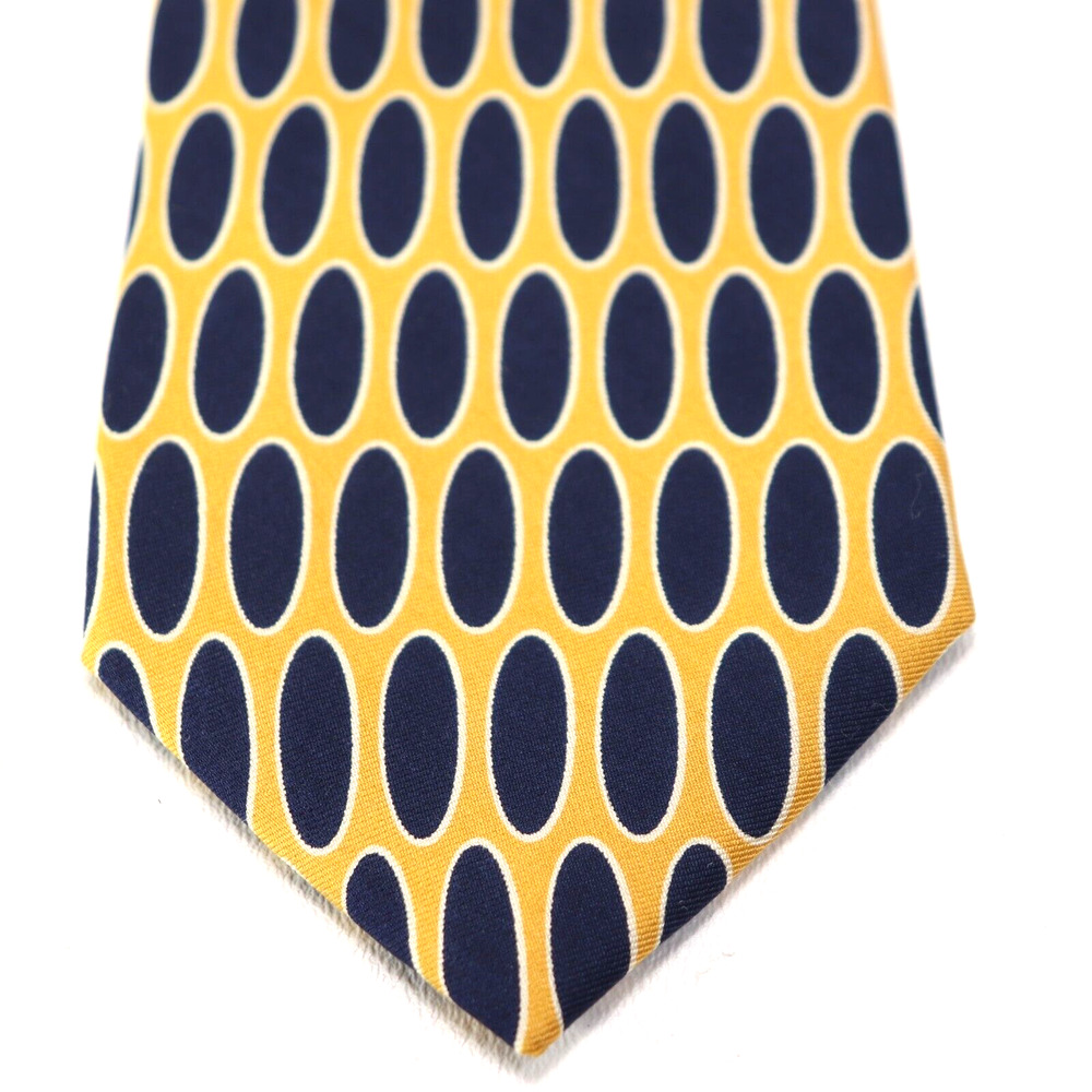 Lands End Tie Mens 62 in Long Vtg Yellow Blue Ovals Geometric Silk Wide